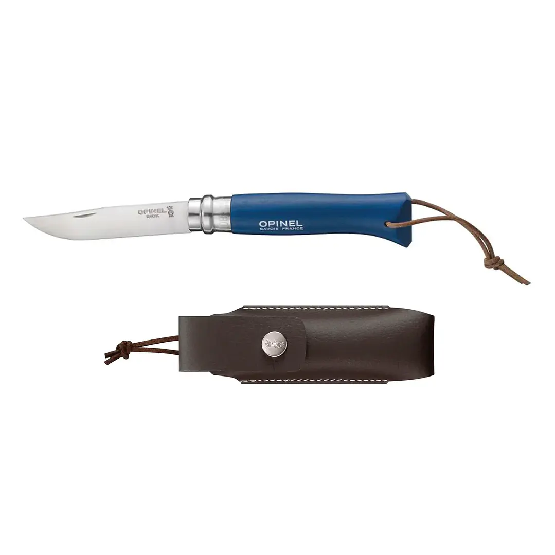 Navaja Opinel Trekking N°08 Azul con Funda de Cuero 1