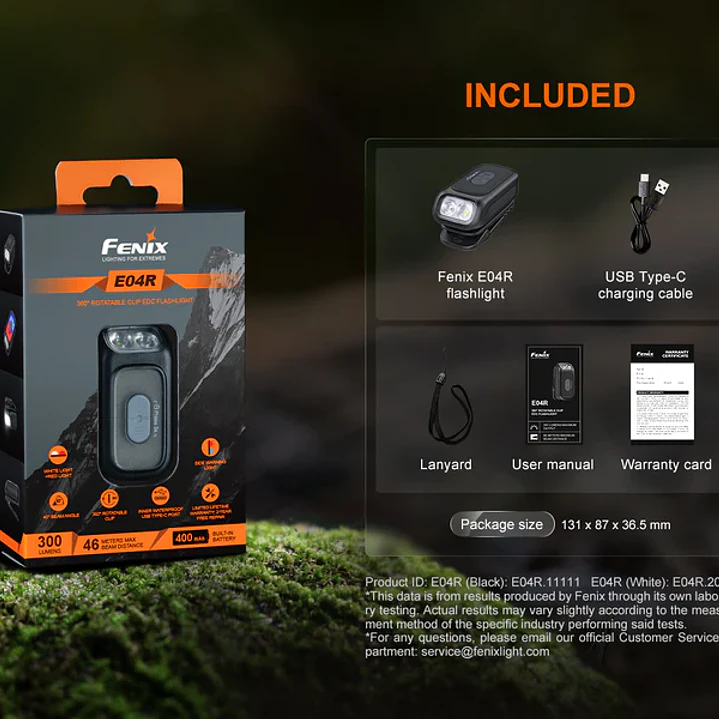 Linterna Recargable Fenix E04R Negra – 300 Lum - Clip Giratorio 360° 12