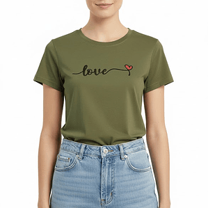Polera SHEIN Verde Oliva Love Corazón Mujer Talla M - Como Nueva
