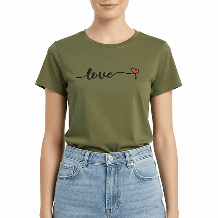 Polera SHEIN Verde Oliva Love Corazón Mujer Talla M - Como Nueva 1