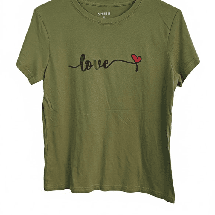 Polera SHEIN Verde Oliva Love Corazón Mujer Talla M - Como Nueva 4