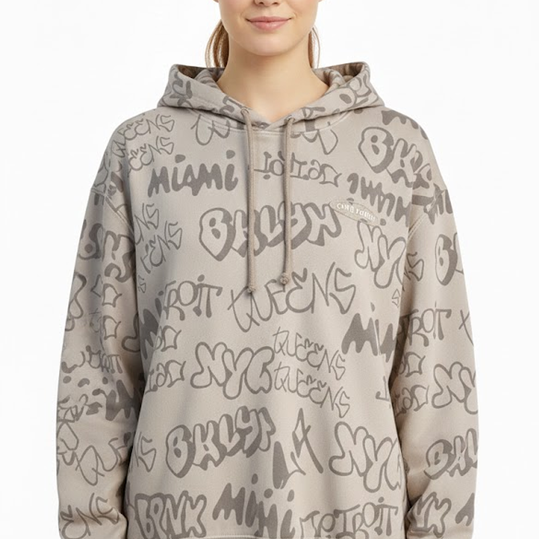 Polerón H&M Beige Graffiti Ciudades Urbanas Streetwear Talla S - Como Nuevo 1