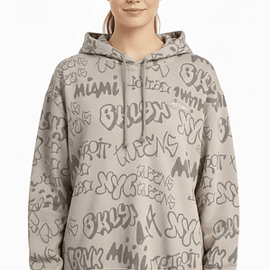 Polerón H&M Beige Graffiti Ciudades Urbanas Streetwear Talla S - Como Nuevo