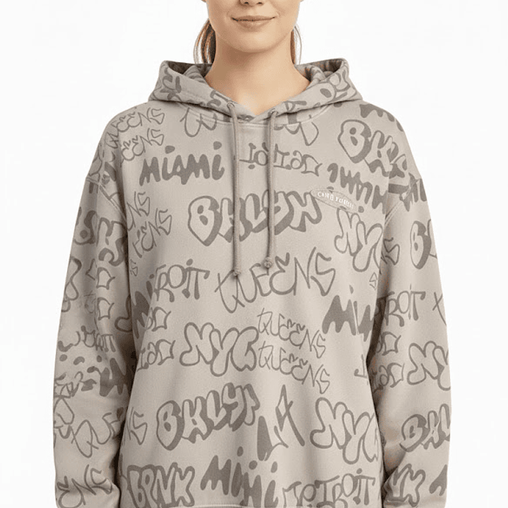 Polerón H&M Beige Graffiti Ciudades Urbanas Streetwear Talla S - Como Nuevo 1