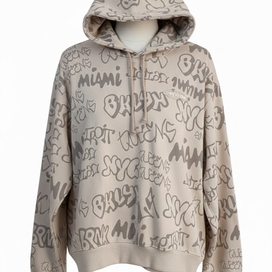 Polerón H&M Beige Graffiti Ciudades Urbanas Streetwear Talla S - Como Nuevo 2