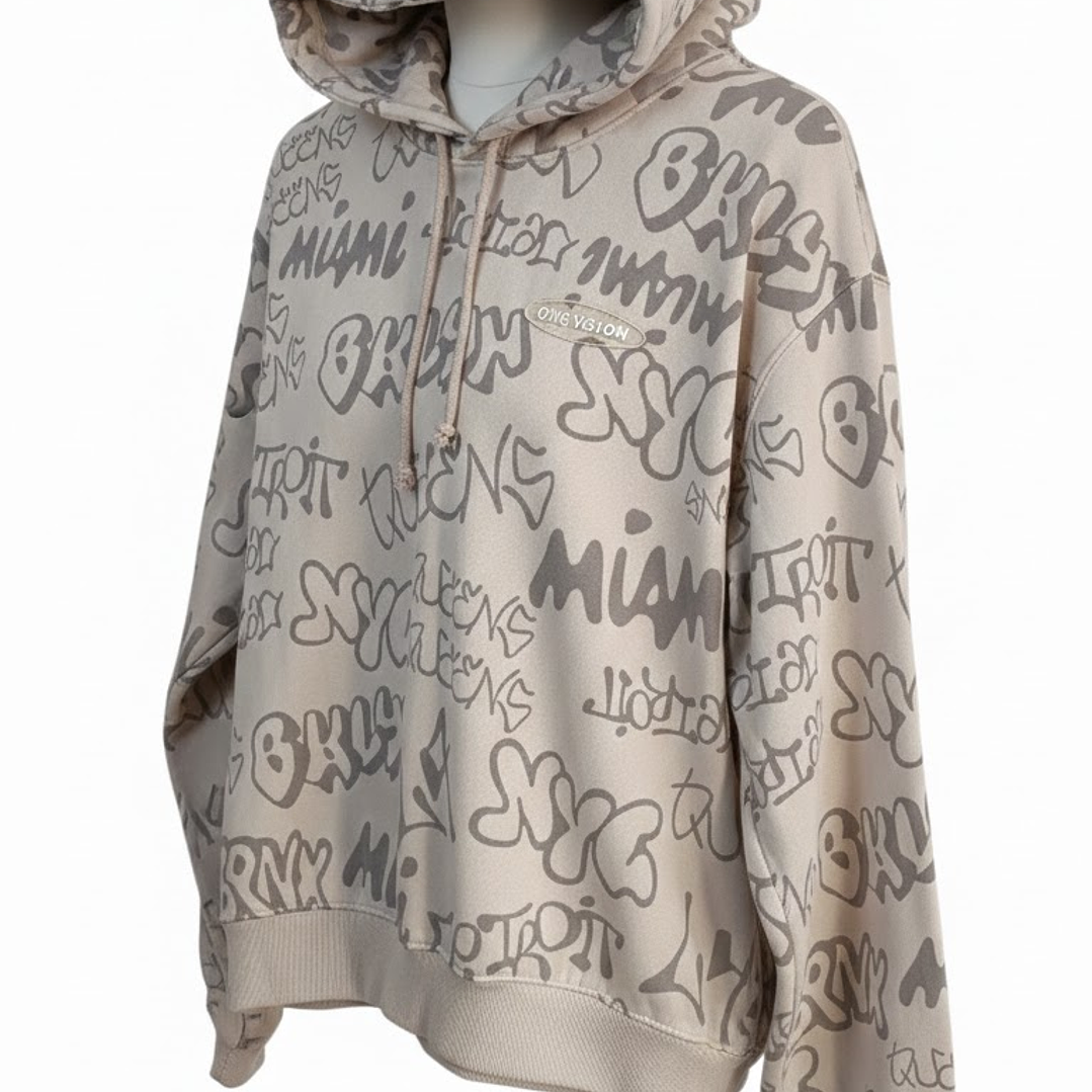 Polerón H&M Beige Graffiti Ciudades Urbanas Streetwear Talla S - Como Nuevo 3