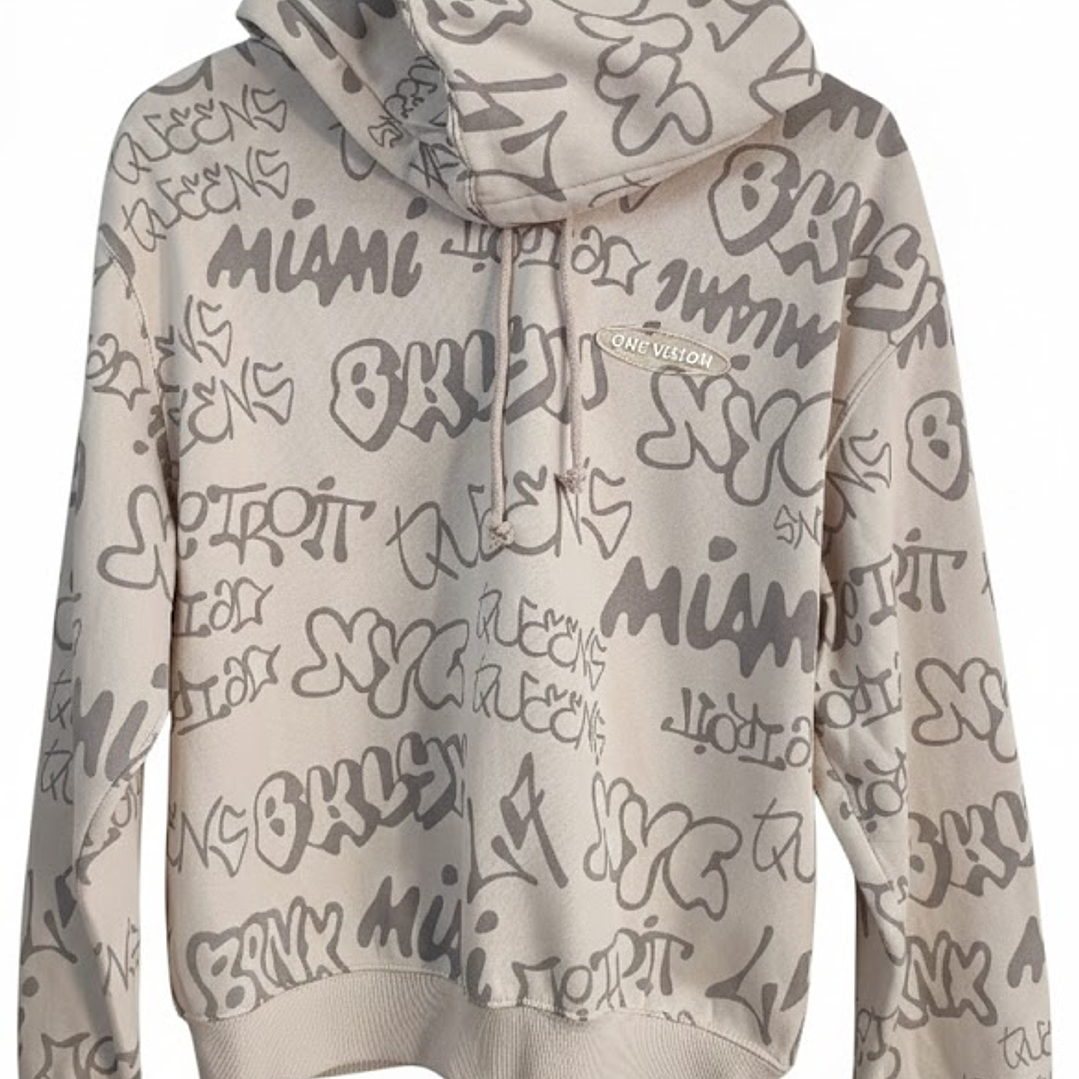 Polerón H&M Beige Graffiti Ciudades Urbanas Streetwear Talla S - Como Nuevo 4