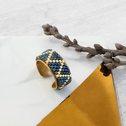 Anillo ajustable "ZigZag" azul tornasol y dorado