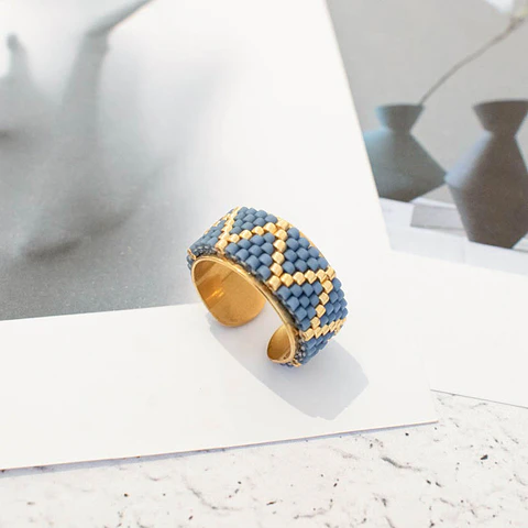 Anillo ajustable "ZigZag" azul grisáceo y dorado