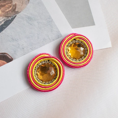 Aros "Topitos bicolor" fucsia y amarillo