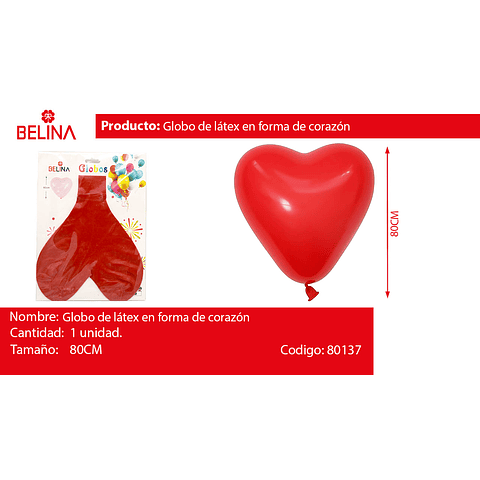 Globo de latex corazón rojo 80cm