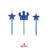 Velas corona y estrellas azul 3pcs 16cm