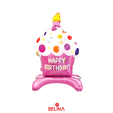 Globo metálico cupcake happy birthday rosa 52x87cm