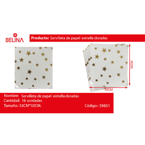 Servilletas de papel estrellas doradas 16pcs 33x33cm