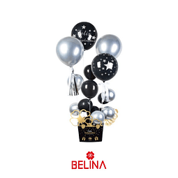 Set de globos negro y plata con caja 17pcs