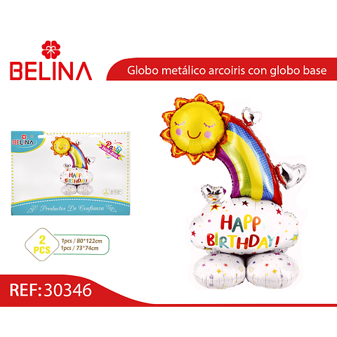 Globo metálico arcoiris happy birthday con globo base