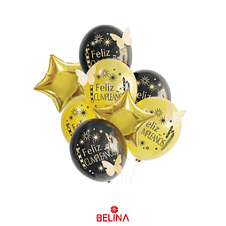 Set de globos feliz cumpleaños dorado y negro con mariposa 8pcs 30cm