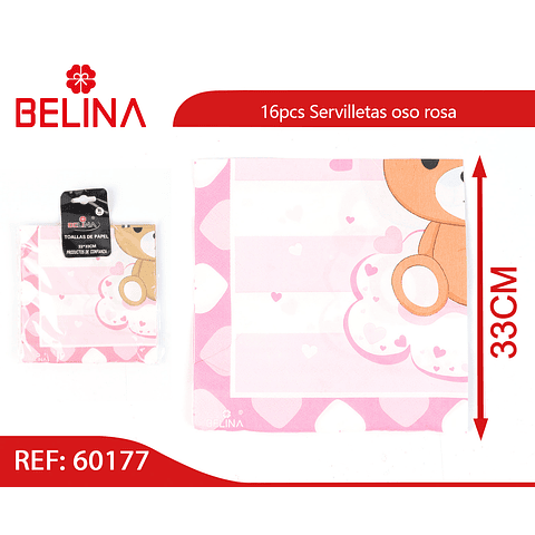 Servilletas oso rosa 16pcs 33cm