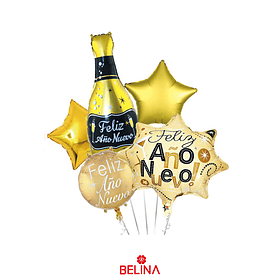 Set de globos de metálicos botella feliz año nuevo dorado 5pcs
