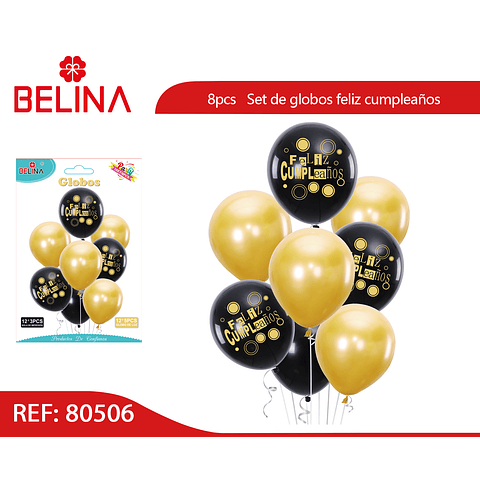 Set de globos feliz cumpleaños dorado y negro 8pcs