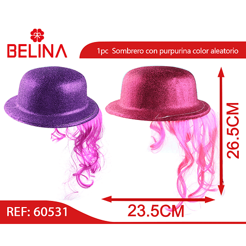 Sombrero con purpurina con cabellos color aleatorio 23x26cm
