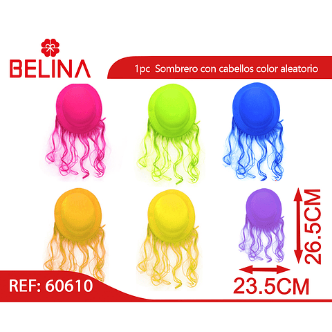 Sombrero fluor con cabello color aleatorio 23x26cm