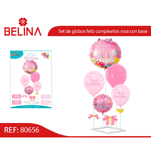 Set de globos feliz cumpleaños rosa con base 6pcs