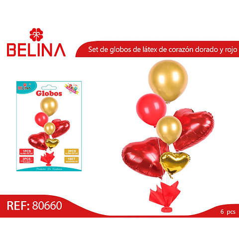 Set de globos de látex de corazón dorado y rojo 6pcs