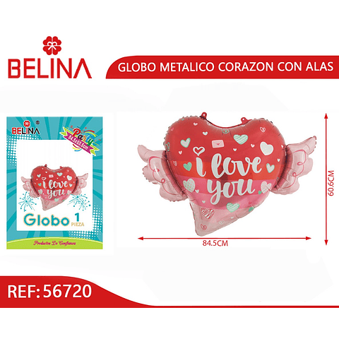 Globo metalico corazón con alas i love you