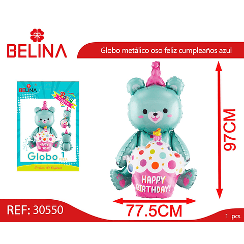 Globo metálico oso feliz cumpleaños azul 77x97cm
