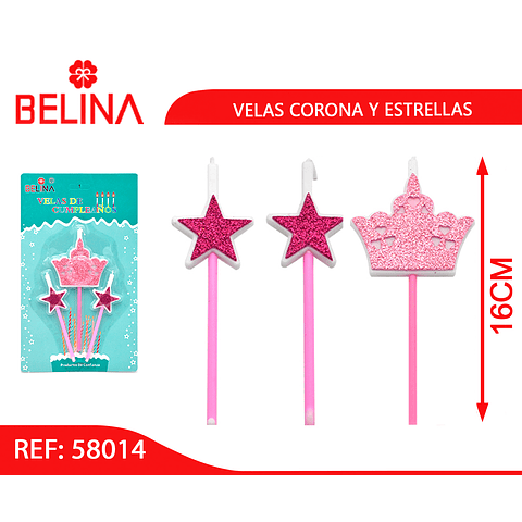 Velas corona y estrellas rosa 3pcs 16cm