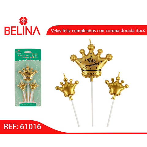 Velas feliz cumpleaños con corona dorada 3pcs