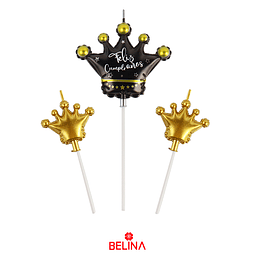 Velas corona feliz cumpleaños negro-dorado 3pcs