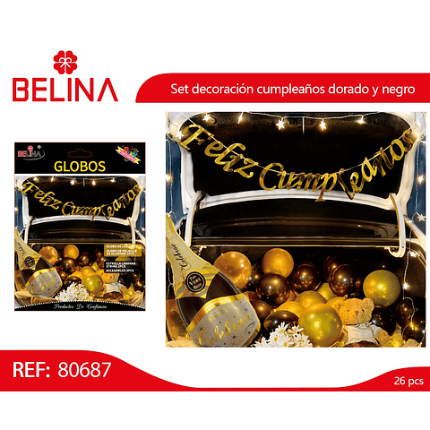 Set de globos feliz cumpleaños dorado y negro 