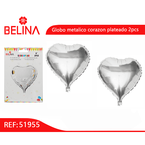 Globos metalicos corazón plata 2pcs 9 pulgada