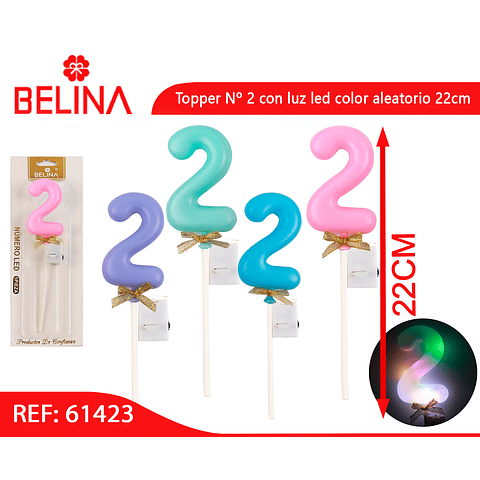 Topper Nº 2 con luz led color aleatorio 22cm