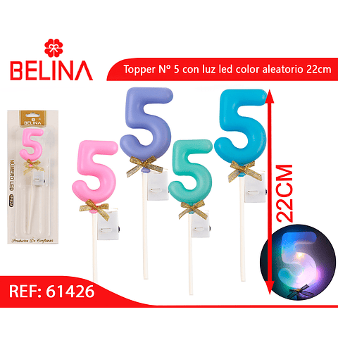 Topper Nº 5 con luz led color aleatorio 22cm