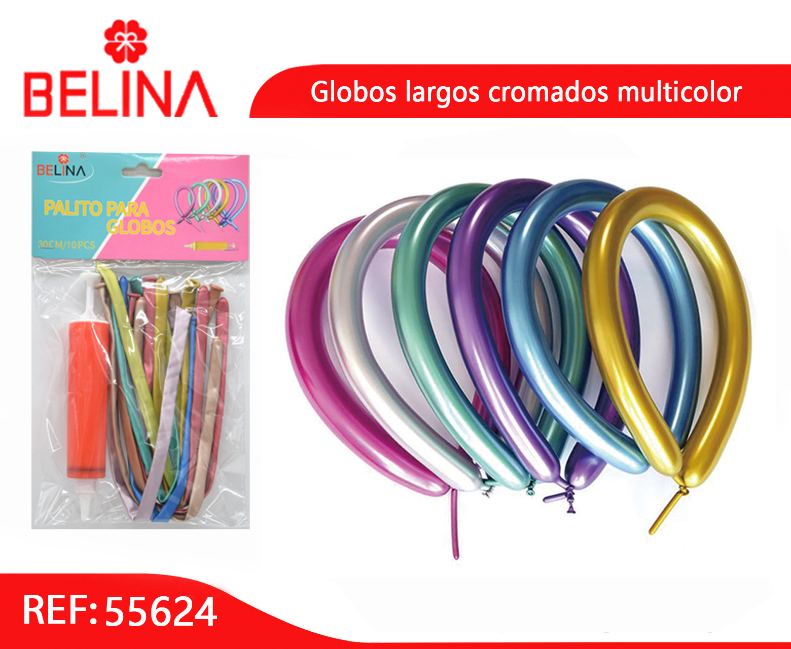 Globos Largos Cromados Multicolor 10pcs - Belina Cotillón
