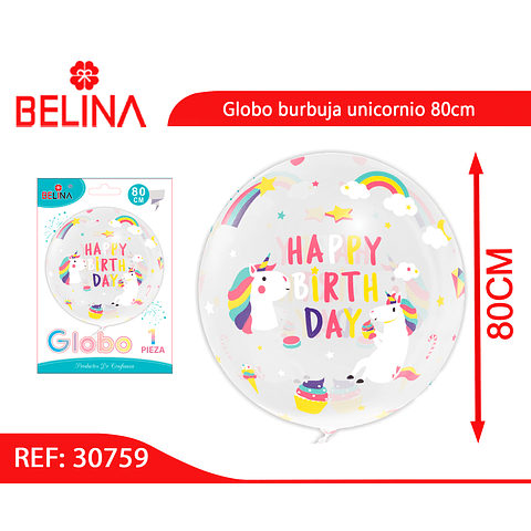 Globo burbuja happy birthday unicornio 80cm
