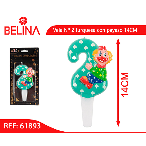 Vela Nº 2 turquesa con payaso 14CM