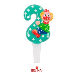 Vela Nº 2 turquesa con payaso 14CM