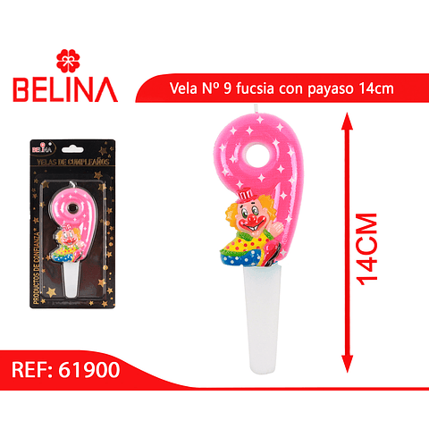 Vela Nº 9 fucsia con payaso 14cm