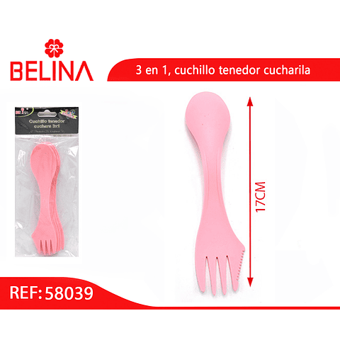 Cuchillo tenedor cuchara de plastico 3 en 1 rosa 6pcs 17cm