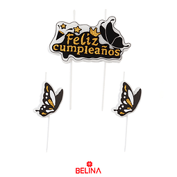 Velas feliz cumpleaños mariposa 3pcs negro-dorado 