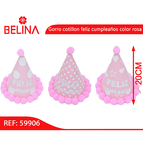 Gorro cotillon feliz cumpleaños color rosa diseño aleatorio 20cm