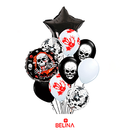 Set de globos latex calavera blanco y negro Halloween 11pcs