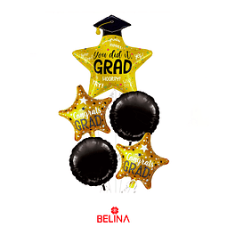 Set de globos metalico de graduacion dorado-negro 5pcs 
