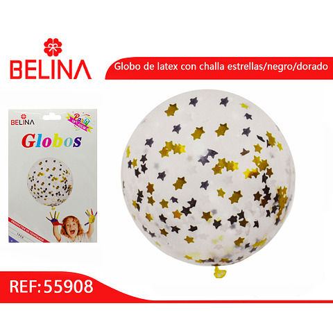 Globo de latex con challa estrellas/negro/dorado 18"-42cm