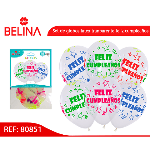 Set de globos latex tranparente feliz cumpleaños fluorescente 6pcs