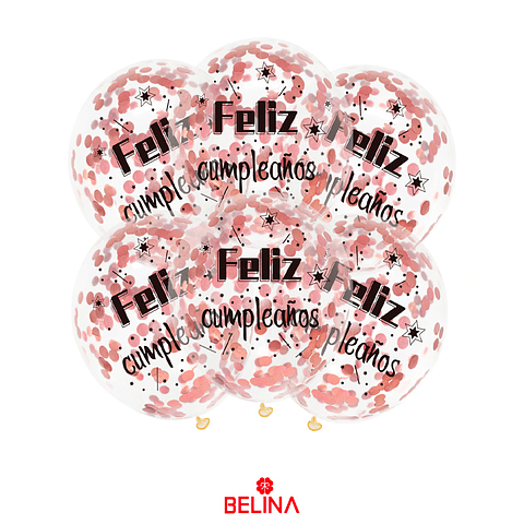 Set de globos látex transparente feliz cumpleaños con confeti 6pcs